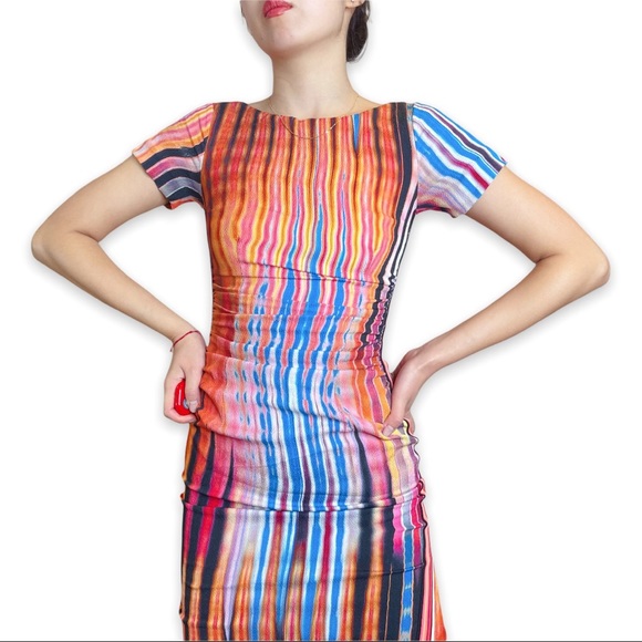 TracyReese Artsy Multicolor Stripe Psychedelic Print Ruched Bodycon Silk dress 0 - Picture 8 of 16